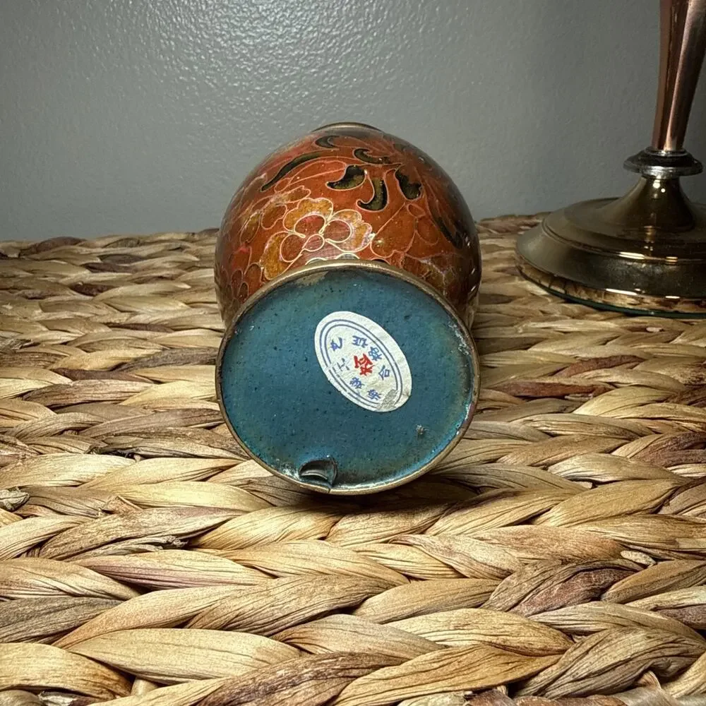 Vintage Chinese Cloisonne Vase Brass Enamel Floral Chinoiserie 6” Asian Decor